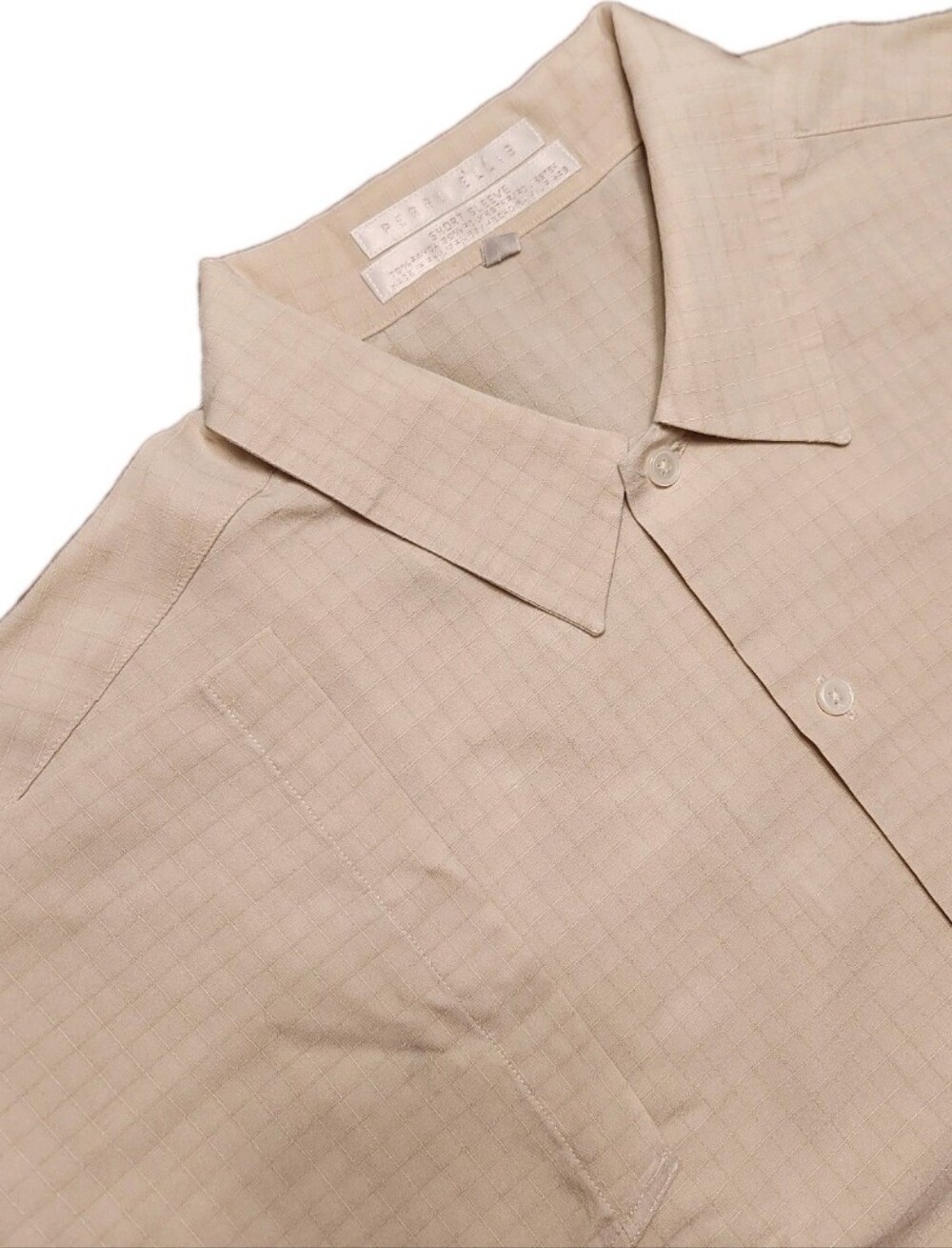 Perry Ellis Size Large Micro-Check Dress Camp Shirt button down short sleeve